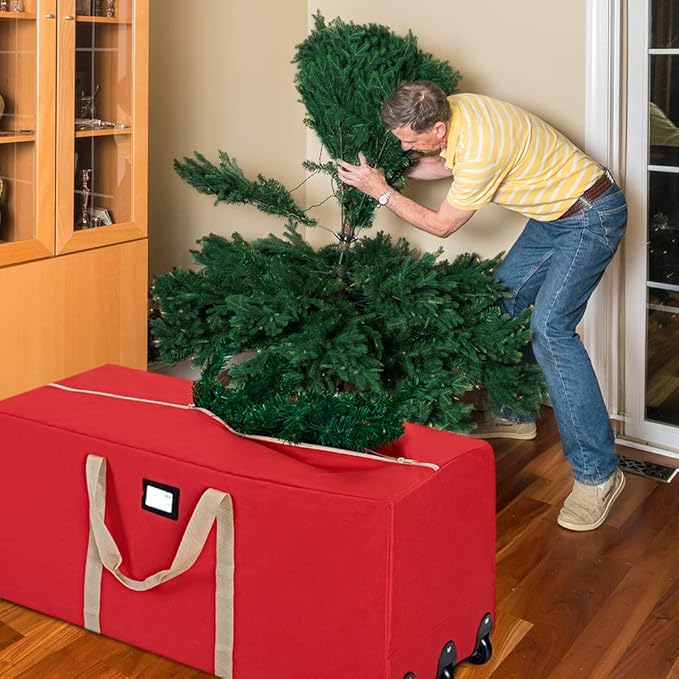ProPik Rolling Christmas Tree Storage Bag, Fits Up to 9 ft. Xmas Tree, 28"x 16"x 60", Extra Large Heavy Duty Storage Container with Wheels and Handles, 600D Oxford (Red)