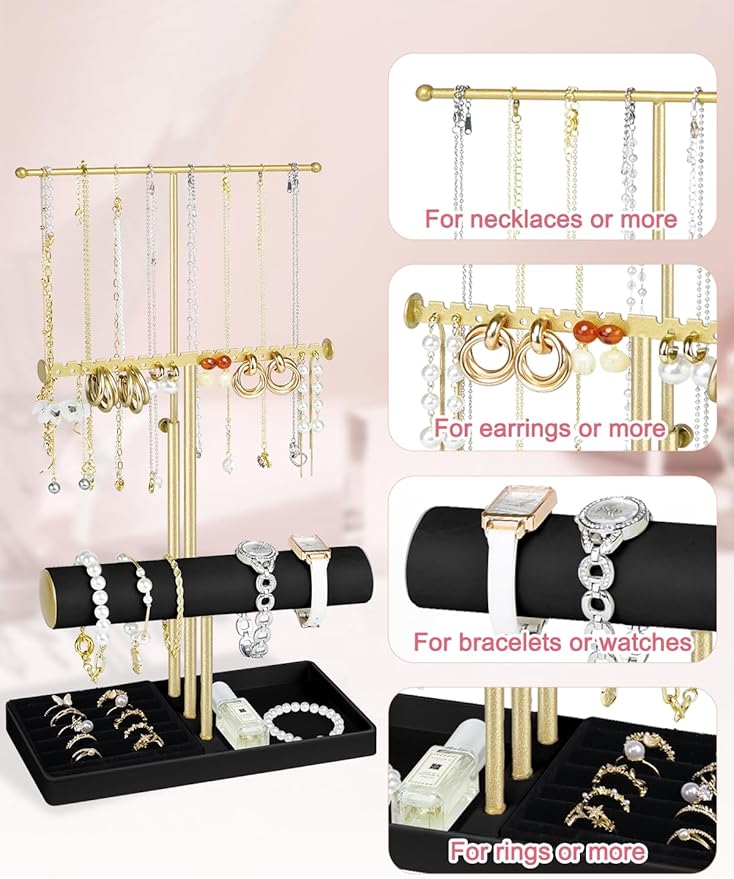 Jenseits Jewelry Organizer Holder Stand, 3 Tier Jewelry Organizers and Storage w/Bracelet Holder & Velvet Rings Tray, Cute Necklace Holder Hanger Towers Rack for Girl Women Men Room/Dorm Decor-Black