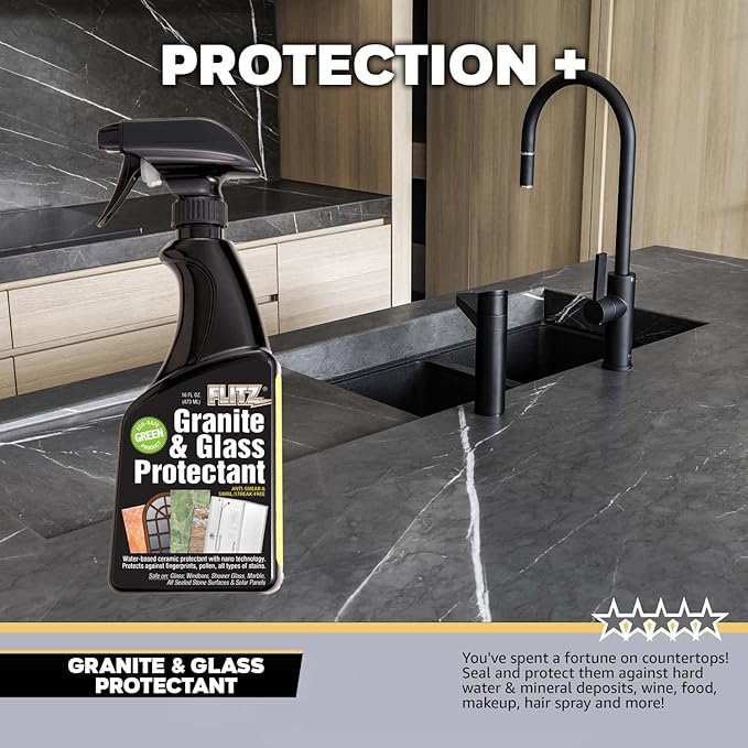Flitz Granite & Glass Protectant - 16oz Bottle of USA-Made Granite Sealer and Glass Countertop Protector - Cleans & Prevents Liquid, Stains, & Others - Also Works on Marble & All Metals (12 Pack)