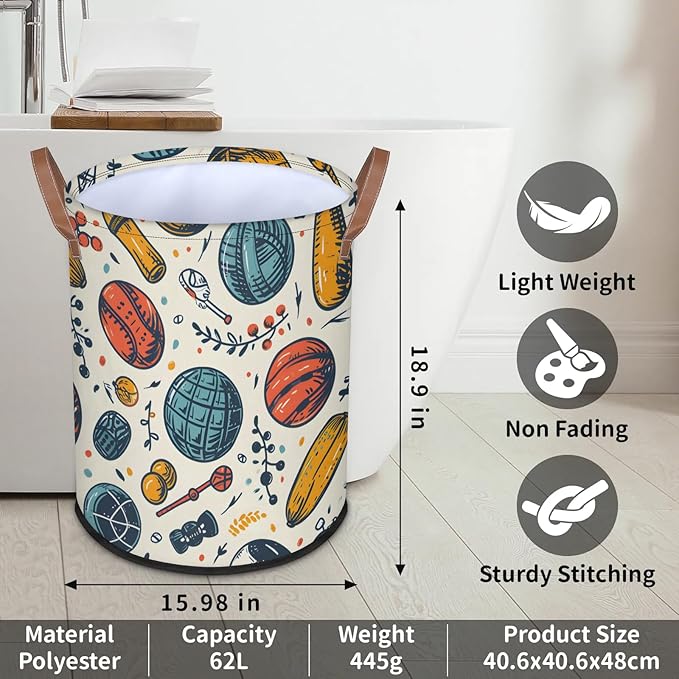 62L Laundry Basket Collapsible Laundry Hamper with Handles Balls Clothes Books Toys Kids Laundry Hampers Bin for Bathroom Kitchen Hotel