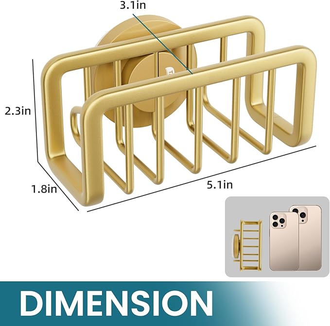 TAILI Sponge Holder for Kitchen Sink with Strong Suction Cup, Rustproof Aluminum Sink Caddy for Sponges, Removable Sponge Holder, Dish Brush for Scraper - Gold