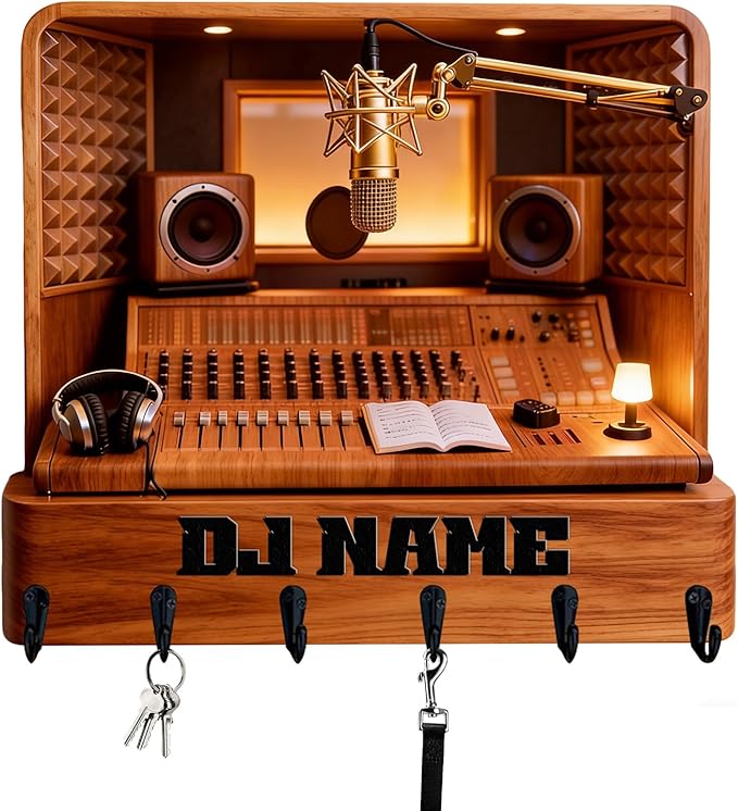 Personalized 2D Flat Print Music Producer Themed Wall Hooks for Women Men Family Friends Custom Music Recording Studio Key Storage Holder Radio Station Coat Rack Home Decor Gift for Culb Living Room