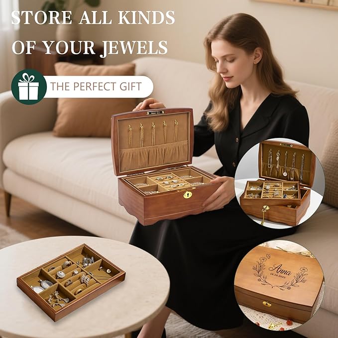 Personalized Wooden Jewelry Box, Customized Double Layer Retro Jewelry Organizer with Lock and Key for Women Girls, Birthday Gift for Her, Artners, Elders, Mom, Friends, Girlfriends and Bridesmaids