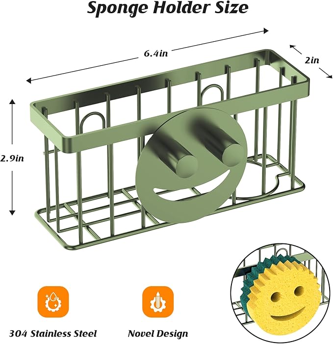 MURLONG Sponge Holder Smiley Face,Sink Caddy,Sink Organizer with 2 Suction Cups/1 Adhesive Strips,Designed for Sponge,Soap,Dish Brush,Scrubber - Green