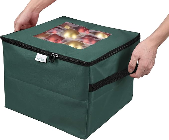 ProPik Christmas Ornament Storage Box, Organizer Holds Up to 48 Xmas Balls with 3 Separate Removable Trays, Container has Dividers to Organize Holiday Tree Ornaments (Green)