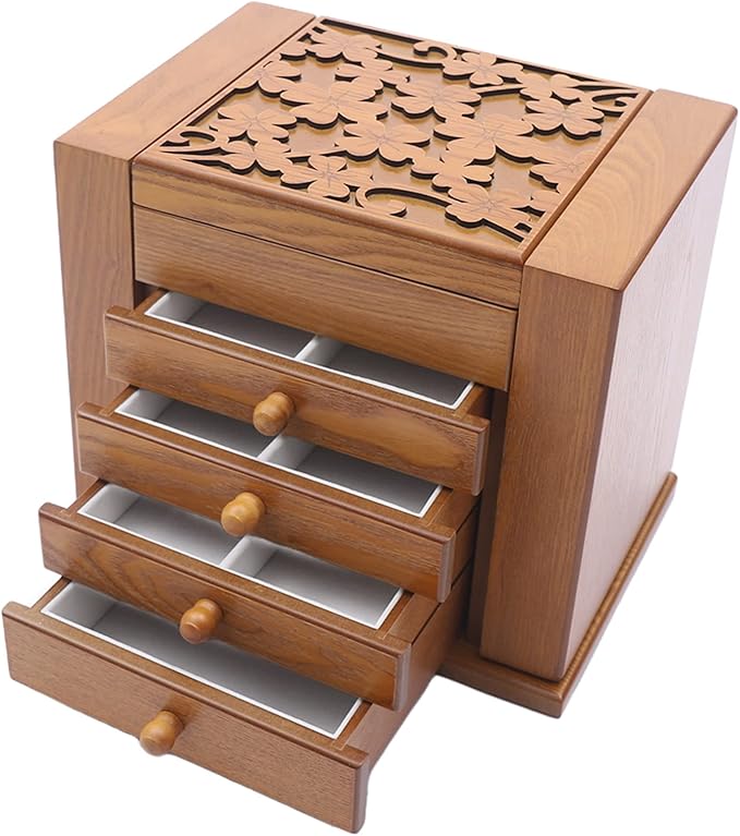 Large Wooden Jewelry Box 5 Layers Jewelry Storage with Mirror and 4 Drawers Gift for Women and Girls Necklace Ring Storage Box (Brown+Carving)