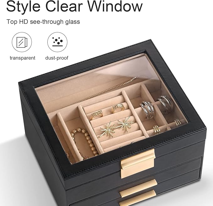 Jewelry Box Organizer for Women,3 Layers Jewelry Storage Display Box with Glass Lid,Gift for Christmas,3 Drawers,Large Capacity for Necklace Earrings Bracelets Rings,Black