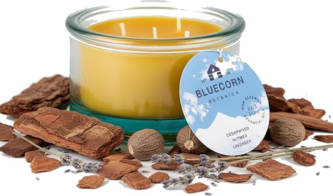 Bluecorn Beeswax 3-Wick Candle, 100% Pure Bees Wax, Cedarwood, Nutmeg & Lavender Essential Oils Candle Wax, Clean Burning, Long Lasting, Gifts for Women & Men, American Made, 10 Oz
