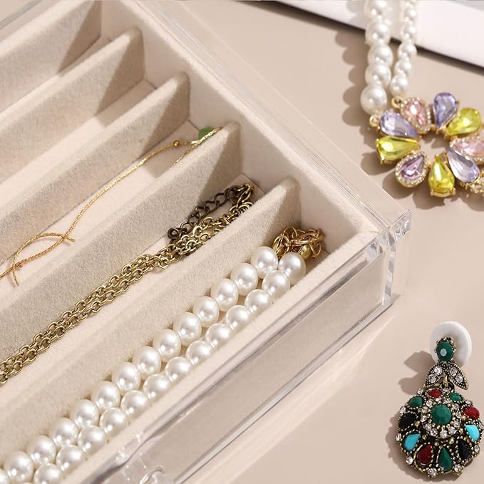 3 Drawers Necklace Organizer Box, Tray with DIY Clear Lid, Dustproof Velvet Necklaces Holder Storage Display Case, Necklace Tray Drawer Insert for Pendant Suitable for Women and Girls (Beige)
