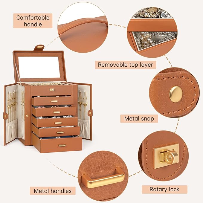 AKOZLIN 6-Tier Jewelry Box Organizer Functional 5 Drawers Leather Jewelry Storage Case for Women Girls Ring Necklace Earring Bracelet Holder Organizer with Mirror Dark Orange