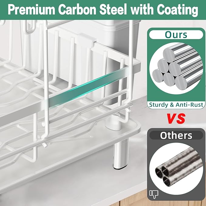 IMXSUMDA Dish Drying Rack, 2 Tier Dish Racks for Kitchen Counter, Compact Dish Drainer Rack, Detachable Dish Rack with Drainboard, Utensil Holder, Cup Holder for Small Space - White