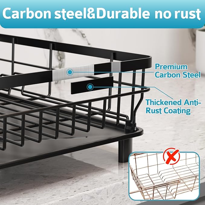 Ricobes Dish Drying Rack - Space Saving Dish Rack - Dish Racks for Kitchen Counter with Drainboard,Rustproof Dish Drainer with Removable Utensil Holder,Black