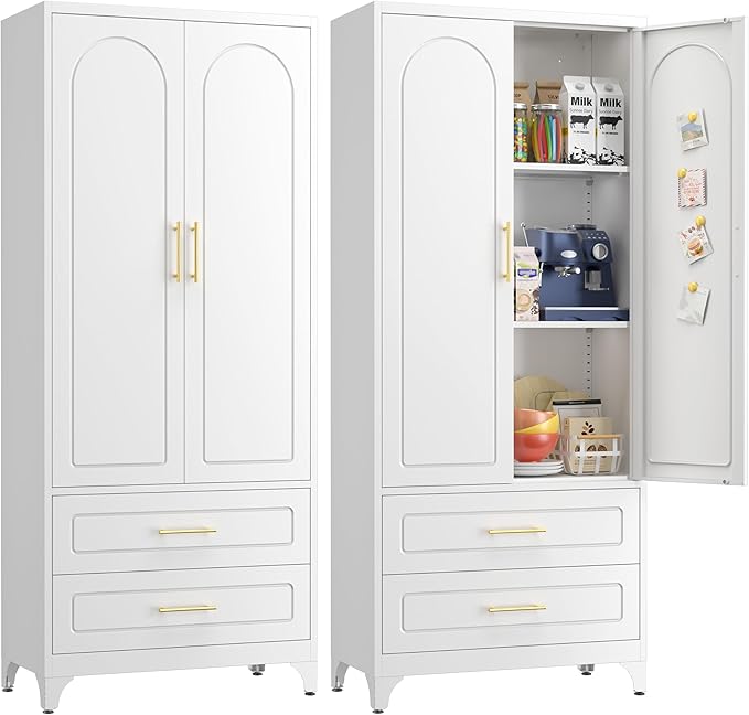 Pantry Kitchen Cabinet with Drawer, 75" Tall Pantry Storage Cabinet, Metal Storage Cabinets with Doors and Shelves, Large Freestanding Cupboard for Dining Room, Assembly Required, White