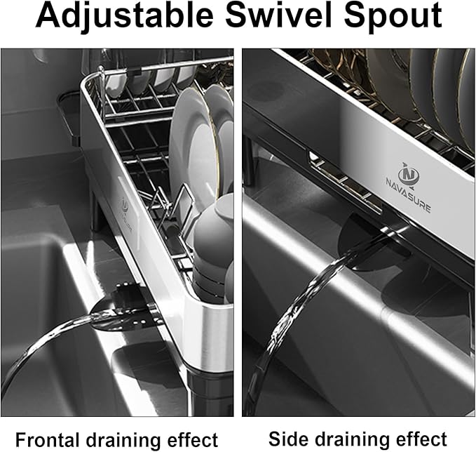 NAVASURE Dish Drying Rack | Stainless Steel Dish Rack for Kitchen Counter, Space Saving | Dish Drainer with Drainage & Utensil Holder | Escurridor de Platos para Fregadero (Black)