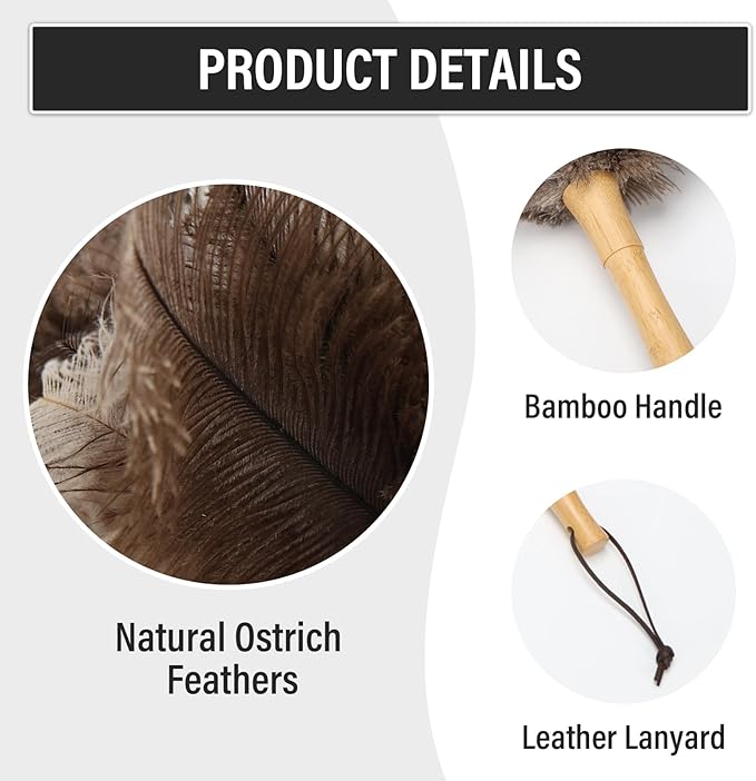 DOVORSY Ostrich Feather Duster 16 Inch, Feather Duster for Cleaning Ceilings Furniture Fans with Wooden Handle for Home, Car, and Office Cleaning (16in)