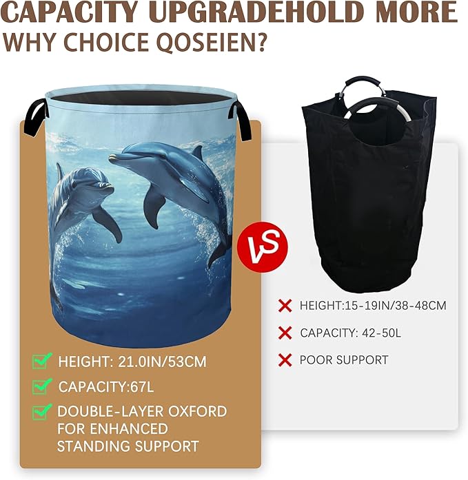 Ocean Dolphin Laundry Basket,Collapsible Laundry Baskets with Handles,Waterproof Oxford Cloth Storage Basket 16"x20" for Bathroom/Bedroom/Dormitories