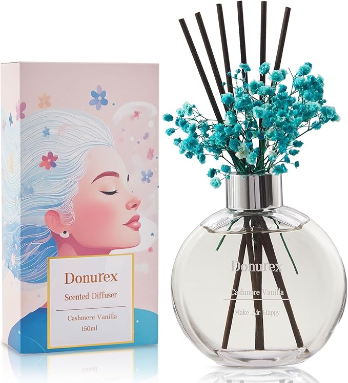 Flower Reed Diffuser Set 5.07oz Cashmere Vanilla Scent Diffuser with Sticks Home Fragrance Reed Diffuser for Bathroom Shelf Decor