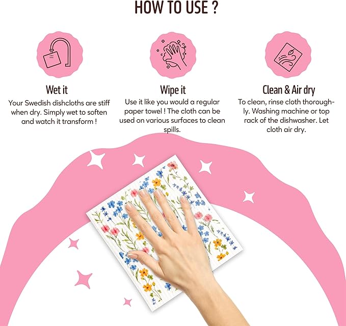 Augine Swedish Dishcloths for Kitchen, 5 Pack Flowers Reusable Paper Towels Washable, Super Absorbent Swedish Dish Cloths, Biodegradable, Non-Scratch, No Odor