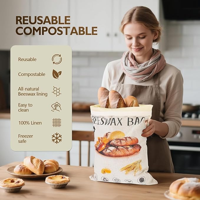 2026 New Upgrade 2-Pack Reusable Beeswax Bread Bags for Homemade Bread Sourdough, 17"×13"Natural XL Beeswax 100% Linen Moisture-proof Lined Storage Bags with Buckle& 1 Bowl Covers,Keeps Fresh Longer
