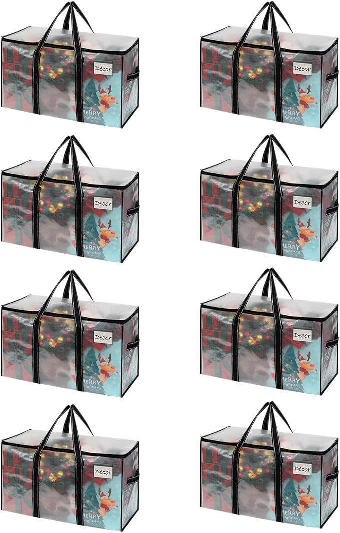 VENO 8 Pack Moving Bags & Large Christmas Storage Bins with lids for Decorations, Garland, Lights. Moving Boxes Packing Supplies for College Dorm. Extra Large Heavy Duty Totes (Clear-8 Pack)