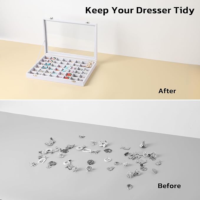 Frebeauty 48 Grid Jewelry Tray,Adjustable Earring Holder Organizer with Glass Lid,Velvet Drawer Jewelry Organizer for Rings,Studs,13.8 x 9.5 x 2 Inches Jewelry Display Box,Gift for Women(White)