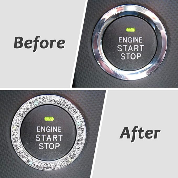 ToBeQueen Push to Start Button Cover 4Pcs Auto Engine Start Stop Bling Car Decor for Women Girl Diamond Rhinestone Rings Stickers, Bedazzled Accessories