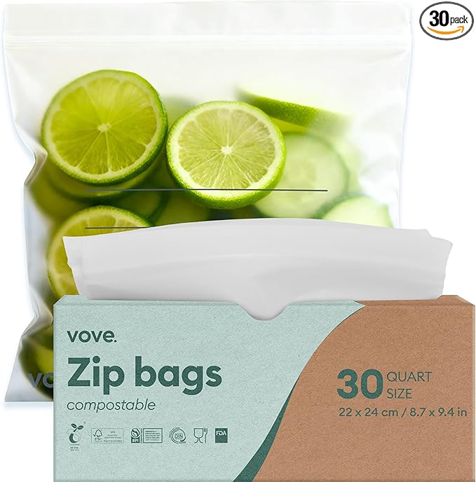 Vove Compostable Quart Bags 30 Ct – PFAS-Free, BPI Certified, Freezer Safe with Airtight Seal for Leftovers & Meal Prep, Plant-Based