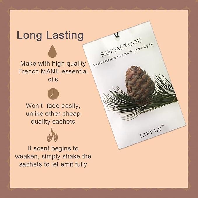 LIFFLY 14 Packs Sandalwood Scented Sachets Bag for Drawer and Closet Long Lasting Gift