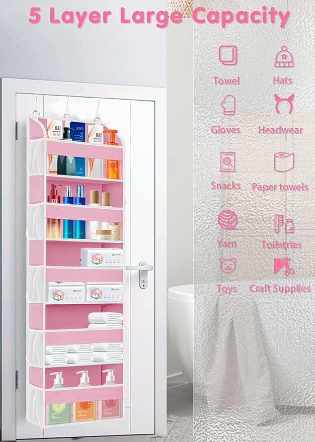TAHAVICE Pink Over the Door Organizer - 5-Tier Hanging Storage with Clear PVC Windows & 10 Mesh Pockets, Cute Closet Organizer for Makeup, Perfume, Toys, Perfect Pink Room Decor for Girl