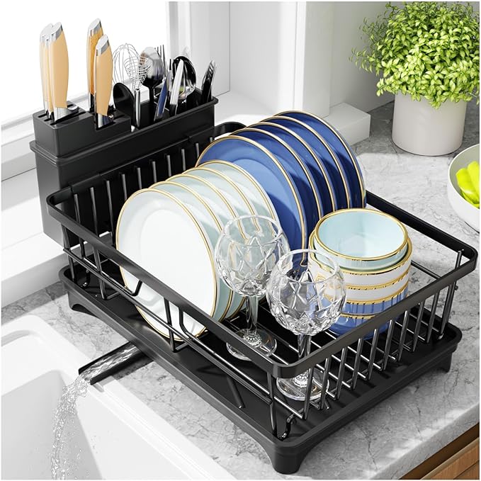 Storico Dish Drying Rack - Space-Saving Dish Rack, Sink Dish Rack for Kitchen Counter, Rustproof Dish Drainer Organizer with Utensil Holder, Black