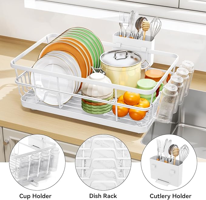 TOOLF Large Dish Drying Rack for Kitchen Counter,Kitchen Dish Racks with Drainboard,Sink Dish Strainer Rack,Countertop Dish Drainer Rack with Cup & Utensil Holders,White