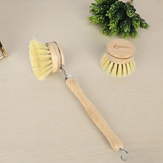 Bamboo Dish Brush with Handle 4 Replacement Heads, Eco-Friendly Potato Scrubber Brush, Compostable & Sustainable, Bamboo Dish Scrubber for Cleaning Kitchen Utensils(Soft Bristles)