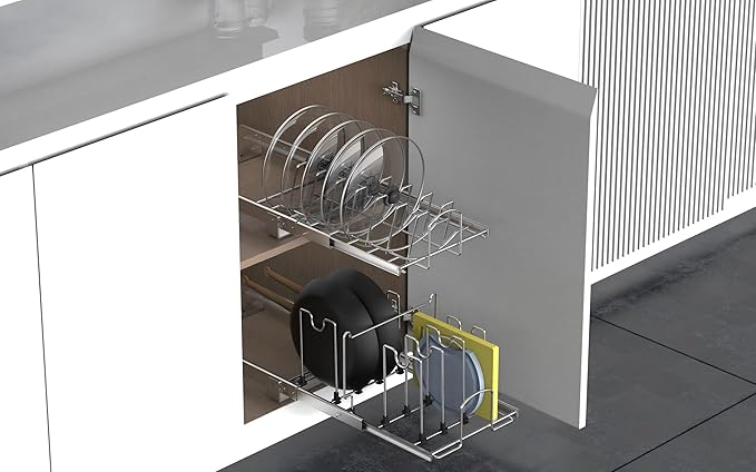 STORKING Pots and Pans Pull Out Organizer Under Cabinet, Adjustable Slide Out Pan and Pot Lid Rack Holder, Wire Dividers Kitchen Organization And Storage, Full-Extension Rail 12" W X 20" D