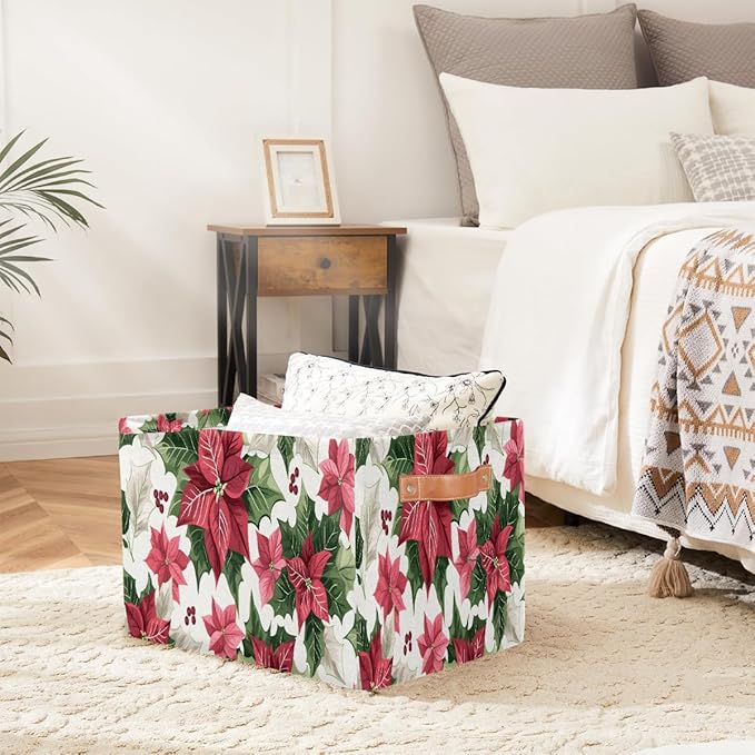 Storage Baskets Bin, Christmas Winter Poinsettia Collapsible Canvas Fabric Storage Bin Decorative Baskets Toy Organizer Rectangle Storage Boxes with Handles for Home Shelves Nursery, J-002