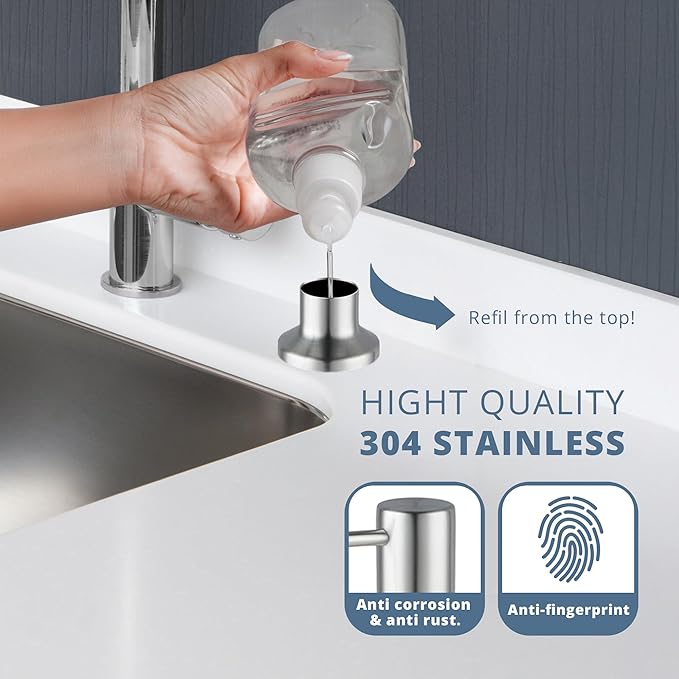 SBEN Built in Kitchen Soap Dispenser Set (Large 17oz Refillable Bottle Included) - Stainless Steel Soap Dispenser, Brushed Nickel for Corrosion-Resistant -ABS Pump Head, 360° Rotation