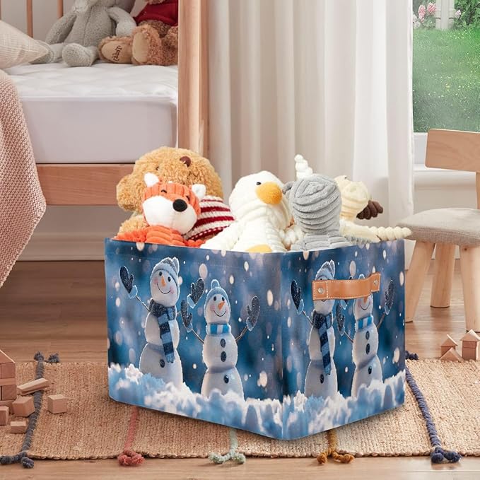 Storage Baskets Bin, Christmas Winter Snowman Collapsible Canvas Fabric Storage Bin Decorative Baskets Toy Organizer Rectangle Storage Boxes with Handles for Home Shelves Nursery, J-021