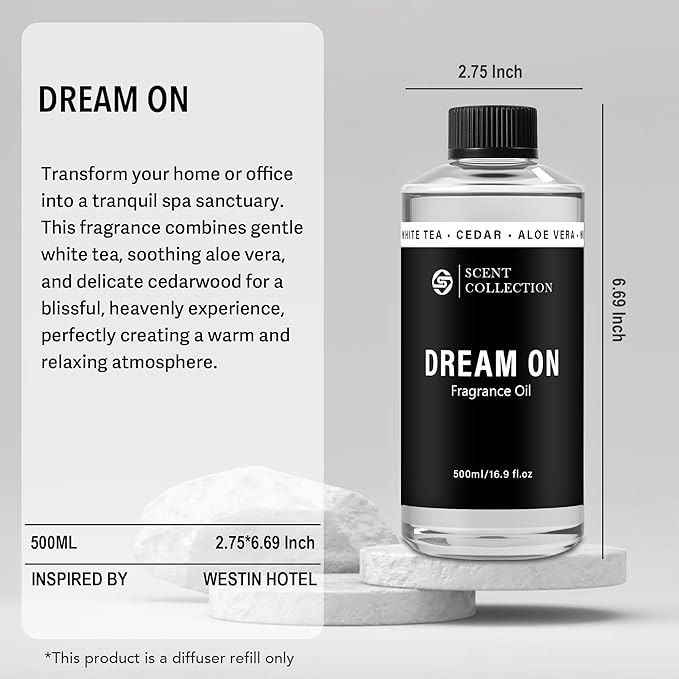 Luxury Hotel Scent Dream On Diffuser Oil Waterless Essential Aromatherapy for Cold Air & Car Diffusers – Long Lasting Refill for Large Room & Home - Non Toxic, Signature White Tea (500ml/16.9Fl oz)