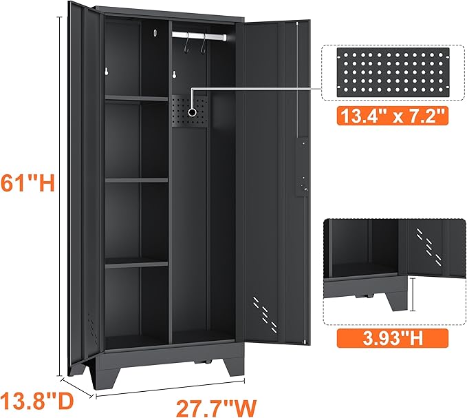 Storage Cabinet 61" H, Metal Tools Storage Cabinet with Lockable Doors and Shelves, Outdoor Storage Sheds with Removable Pegboard for Garage, Utility Room, Office