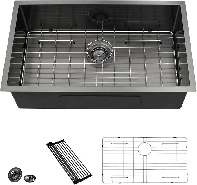 Lordear 33 Inch Black Stainless Steel Sink Undermount Kitchen Sink T304 16 Gauge 33x19 Inch Single Bowl Sink Handmade, Gunmetal Black 33x19x10 Inch, Handmade