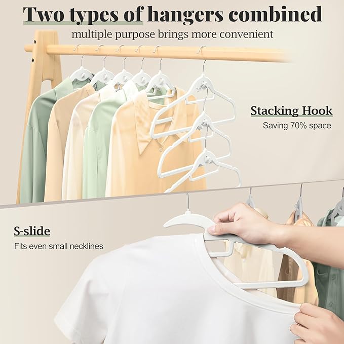 UEAKPIC Velvet Hangers 50 Pack, S-Shaped and Stackable Non Slip with 360°Swivel Hook, Ultra Thin and Space Saving Flocked, for Suits, Shirts, Coats, 15Lbs Capacity Heavy Duty, White