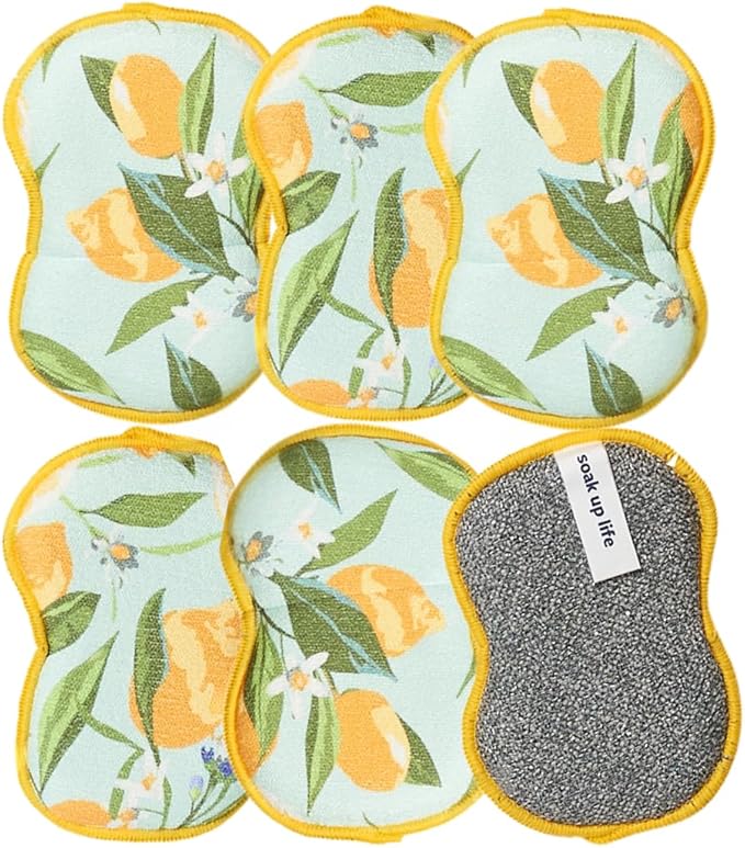 Bright Habits Sponge Set in Lemon Yellow, 6 Pack Super Absorbent Washable Reusable Cleaning Sponges Made from Recycled Materials, Durable Eco Friendly Kitchen Sponges