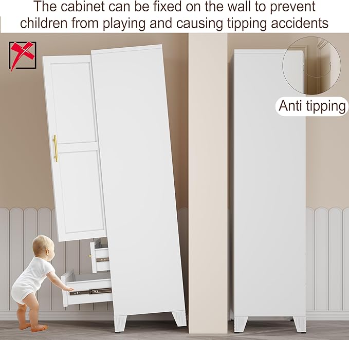Metal Armoire Wardrobe Closet, 71 "Metal Clothing Storage Cabinet with Mirror and Adjustable Shelves, Household Steel Wardrobe Storage Cabinet with 2 Drawers and Hanging Rod(Armoire-White)