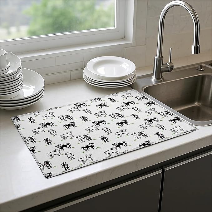 Dish Drying Mat For Kitchen Counter, Cute Cows Microfiber Absorbent Dish Drainer Rack Pad Reusable Large 18x24in Drying Mat