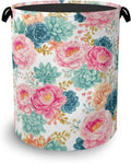 Succulent Plant Laundry Basket,Pink Flowers Oxford Cloth Laundry Hamper with Handle Foldable Portable Clothes Storage Basket for Bathroom Bedroom Dorm Room 16" x 20.8"