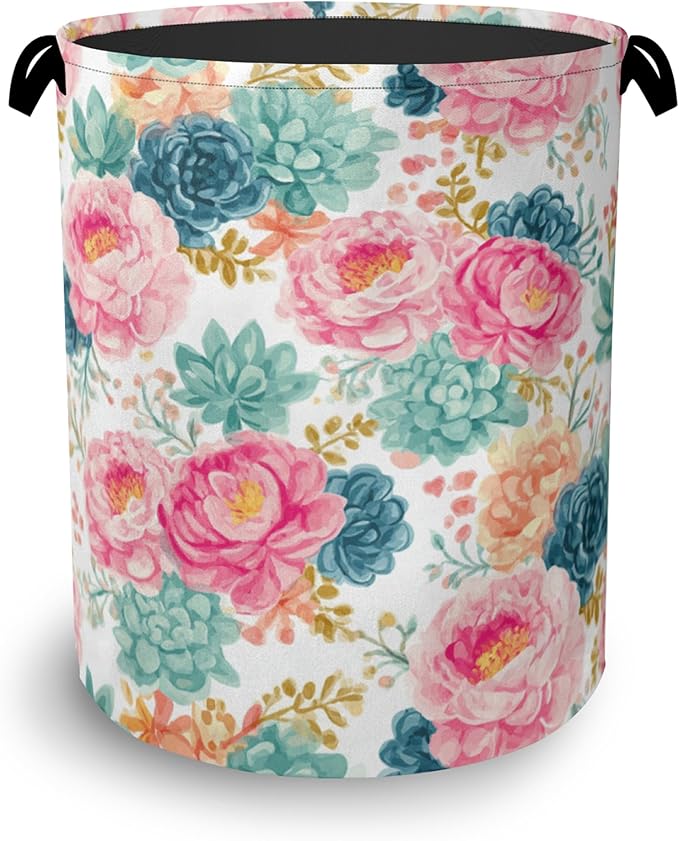 Succulent Plant Laundry Basket,Pink Flowers Oxford Cloth Laundry Hamper with Handle Foldable Portable Clothes Storage Basket for Bathroom Bedroom Dorm Room 16" x 20.8"
