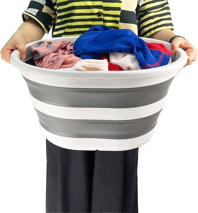 SAMMART 22L (5.8 Gallons) Collapsible Plastic Laundry Basket-Oval Bin/Foldable Storage Container/Pop Up Organizer-Portable Washing Tub-Space Saving Laundry Hamper (1, Grey/Steel Grey)