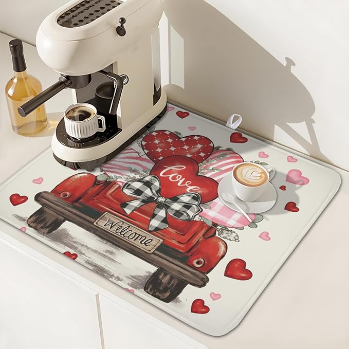 Valentines Day Red Truck Dish Drying Mat for Kitchen Counter 18x16 Inch Pink Heart Drying Mat with Absorbent Reversible Microfiber Love Dish Drainer Mats Rack Pad for Coffee Countertop Protector