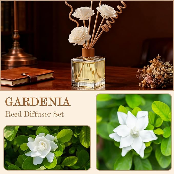 Gardenia Reed Diffuser Set - 6.7 oz Glass Bottle with 4 Rattan Sticks, 3 Dried Flowers | Adjustable, Long-Lasting Scent for Home, Bedroom, Living Room, Office, Bathroom | Aromatherapy Gift Set