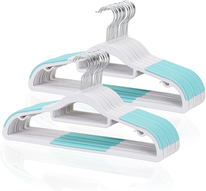 Pack of 30 Coat Hangers, Space-Saving Plastic Clothes Hangers, Non-Slip, 0.2 Inches Slim, 360° Swivel Silver Hook for Shirts, Pants, Suit & Wet/Dry Garments, Blue and White