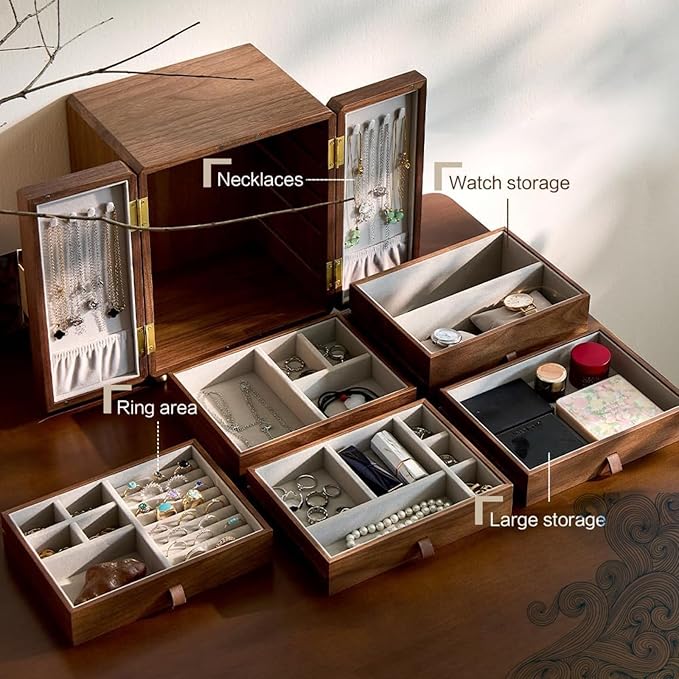 Kinsuite Black Walnut Jewelry Box - 5-tier Jewelry Organizer with Secure Double-Door, Safe with Lock for Earring, Ring, Necklace, Bracelets